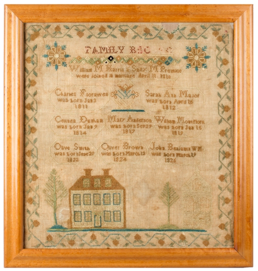 family record embroidery by Sarah Ann Major Harris